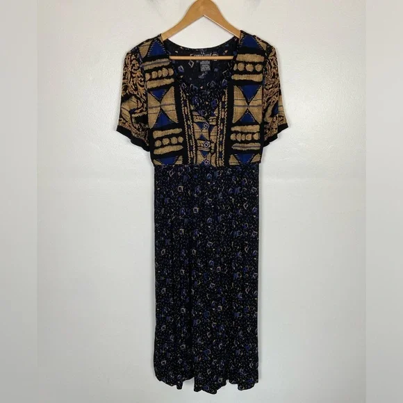 Carole Little 90s Pleated Maxi Dress Sz 12 Tribal Boho Whimsigoth V-Neck VTG USA - Picture 2 of 12